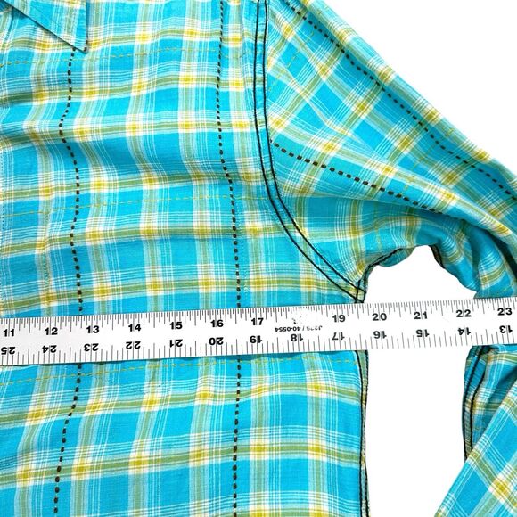 DDC Lab Button Down Shirt Mens Medium Internal Pocket Plaid Blue Mustard White - Picture 4 of 13